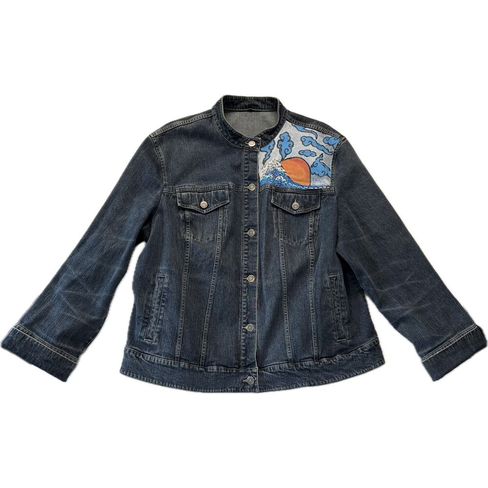 Upcycled Cotton Denim Jacket Women's Size XL Medium Wash Blue Art To Wear Sunset